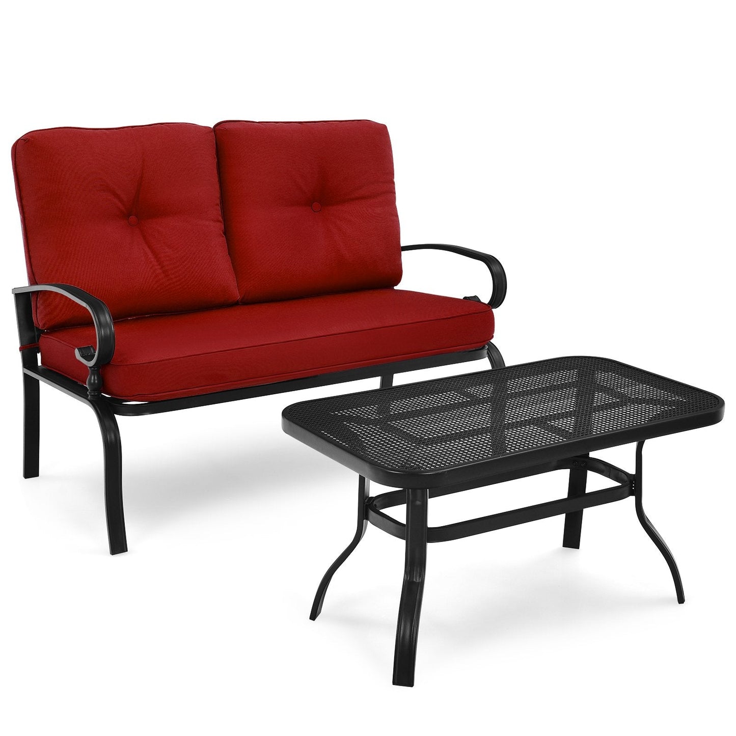 Garden Furniture Set with 2 Seat Cushioned Sofa and Coffee Table-Red