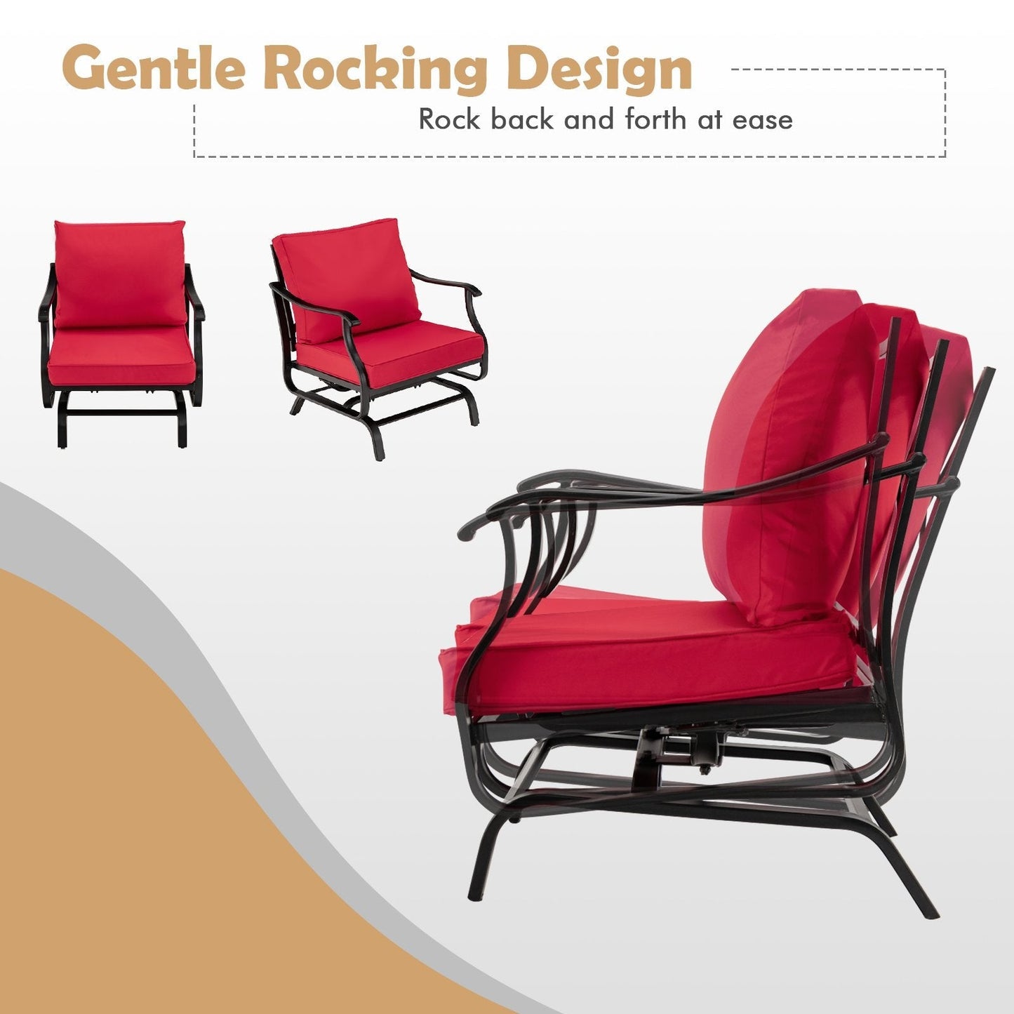 3 Pieces Rocking Garden Furniture Set with Cushions for Balcony Yard-Red