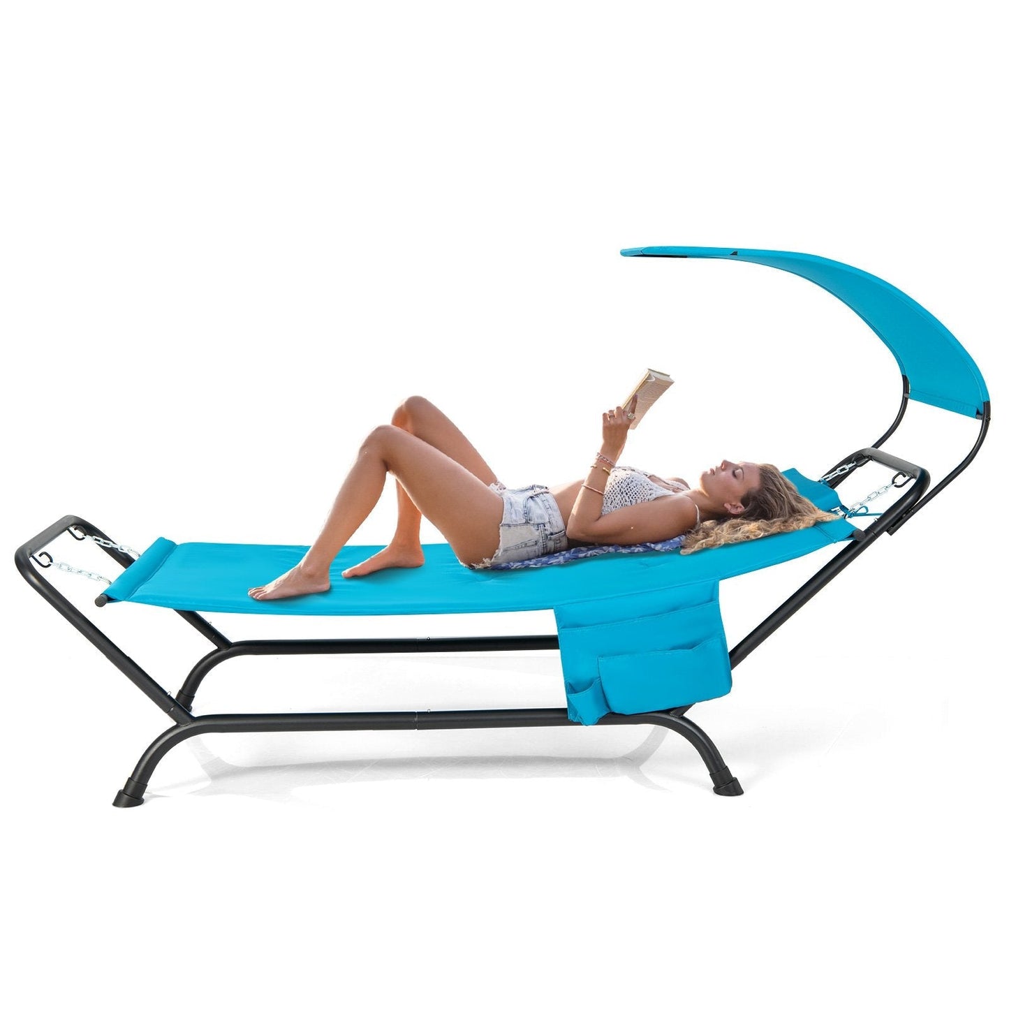 Outdoor Hammock with Stand Cushion and Canopy for Garden Lawn-Blue