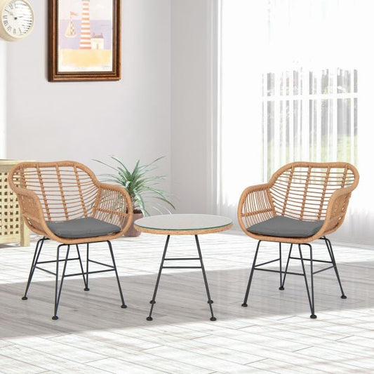3 Piece Patio Rattan Set with 2 Cushioned Chairs and Tempered Glass Table-Gray