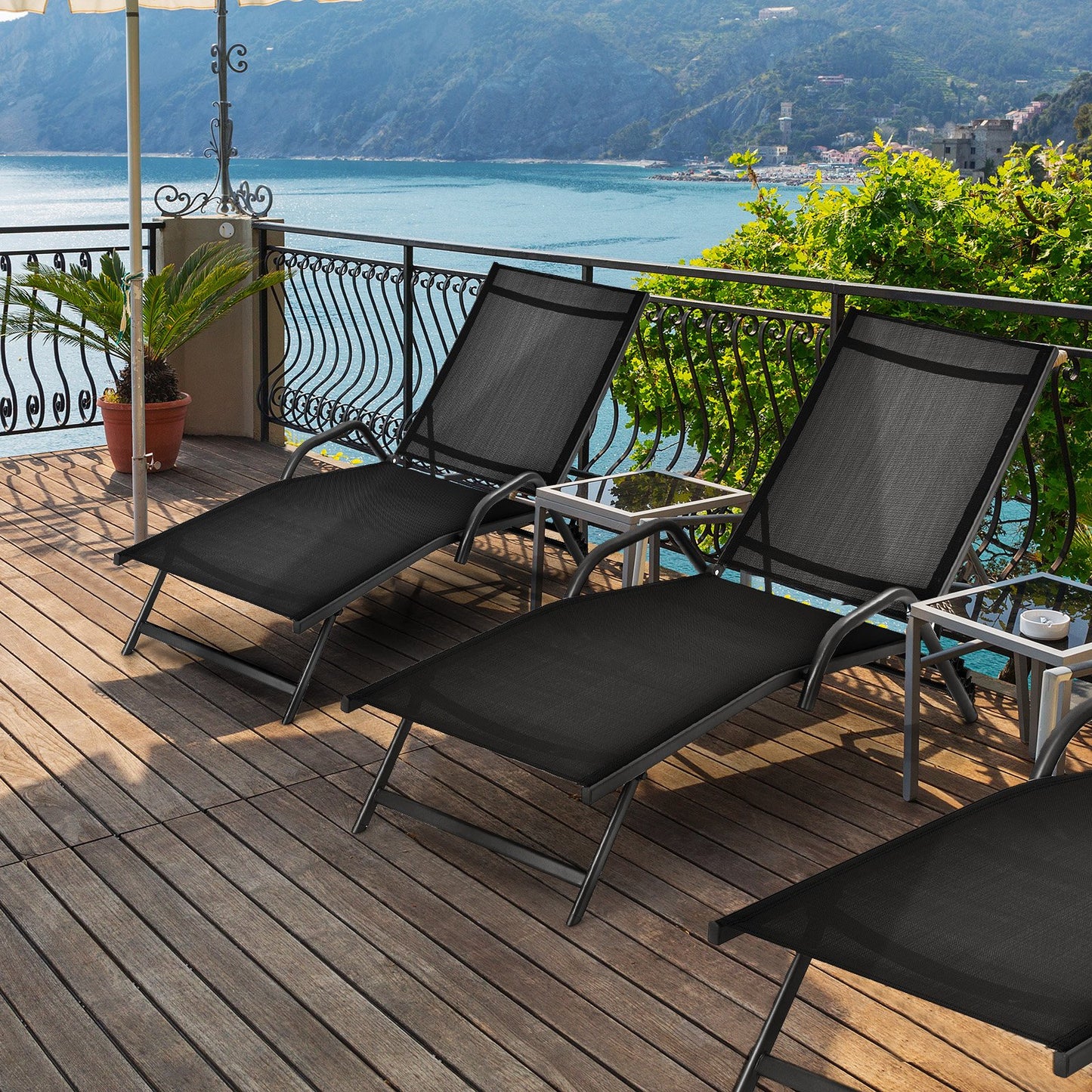 Set of 2 Outdoor Chaise Lounge Chairs with Breathable Seat-Black