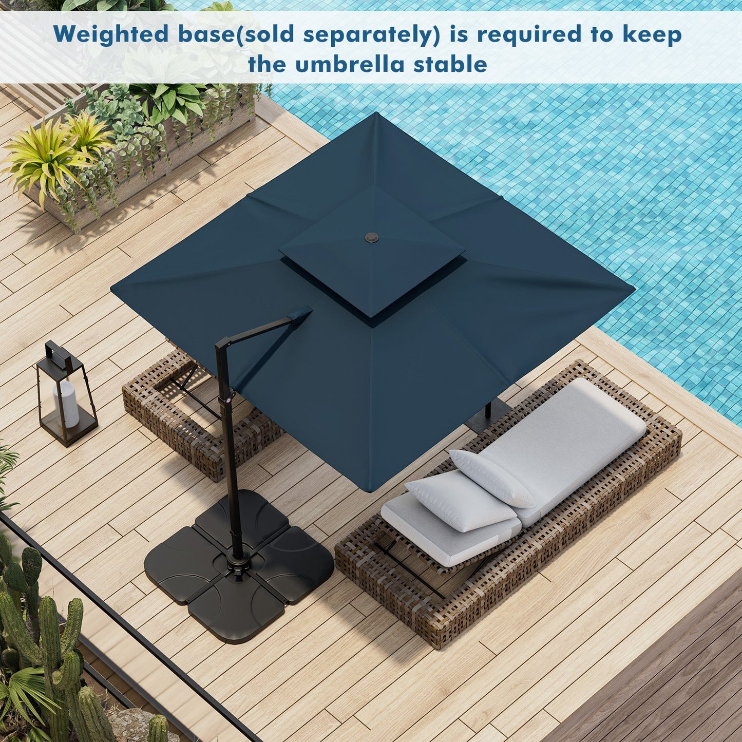 3M Square Cantilever Garden Parasol with 360° Rotation and Double Top-Navy