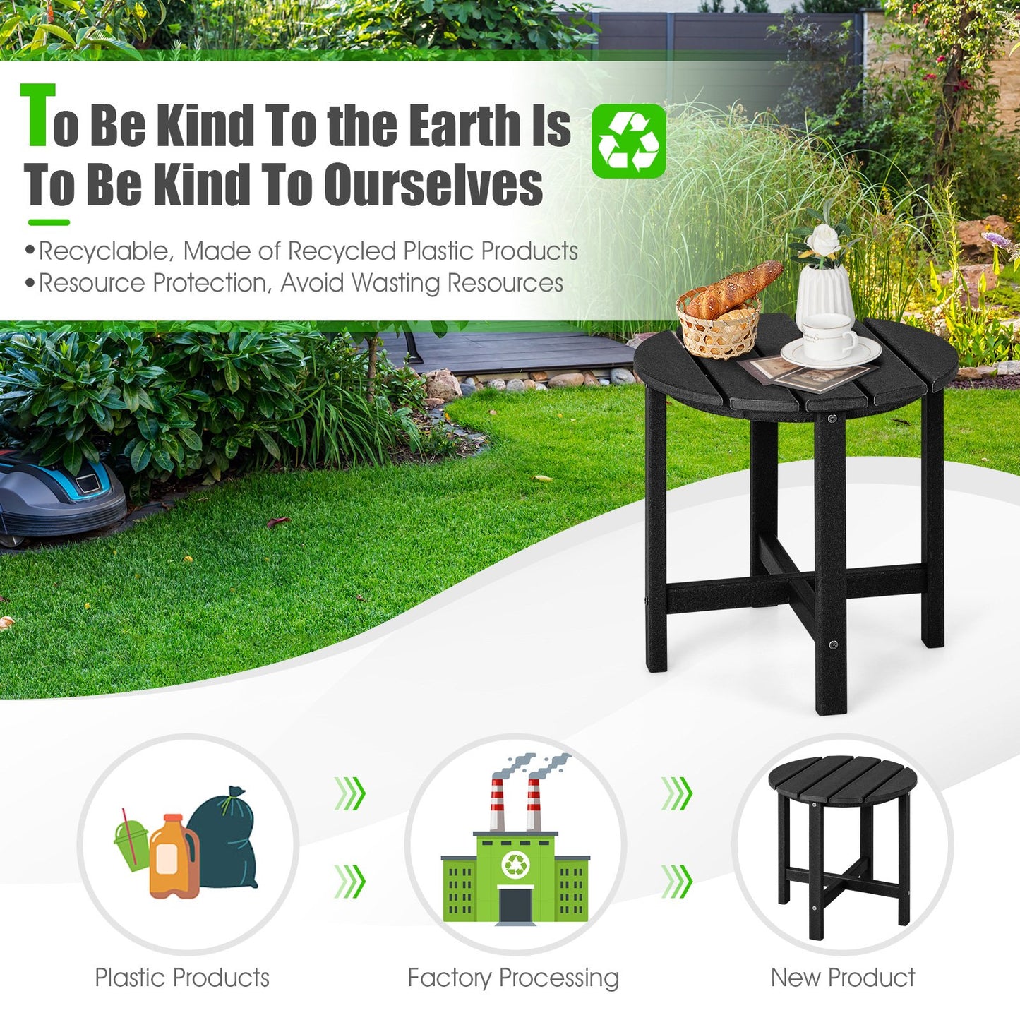 Patio Round HDPE Side Table for Yard Porch Garden-Black