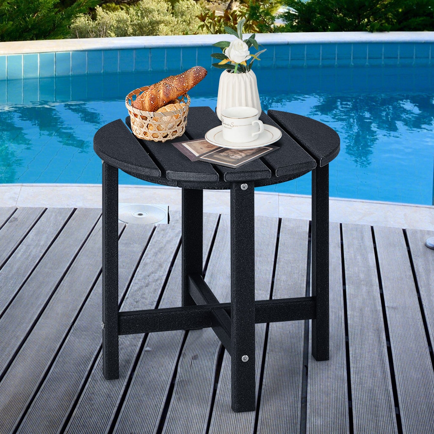 Patio Round HDPE Side Table for Yard Porch Garden-Black