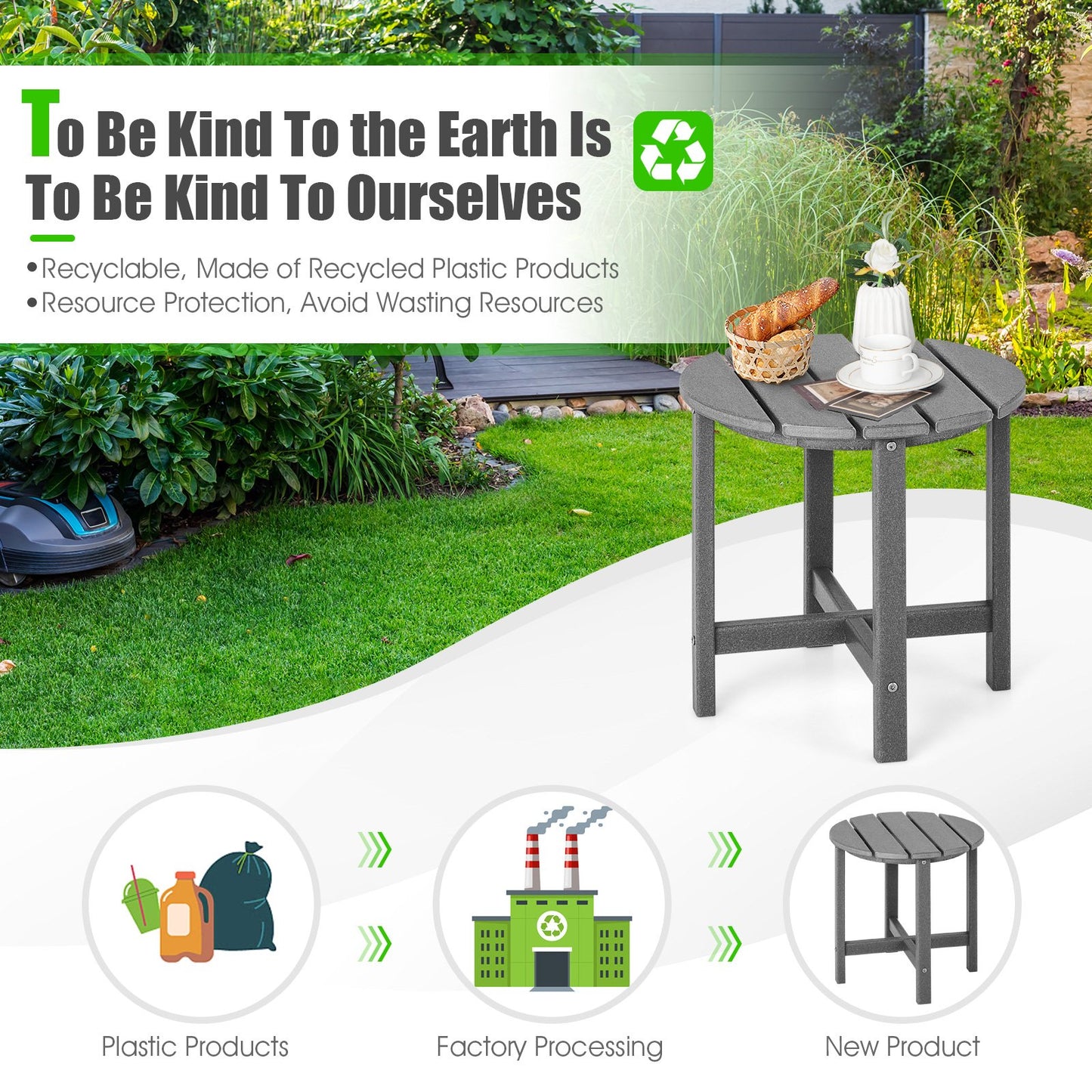 Patio Round HDPE Side Table for Yard Porch Garden-Grey