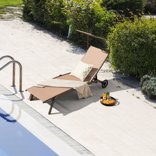 Patio Chaise Lounge Chair with Wheels and Adjustable Canopy-Brown