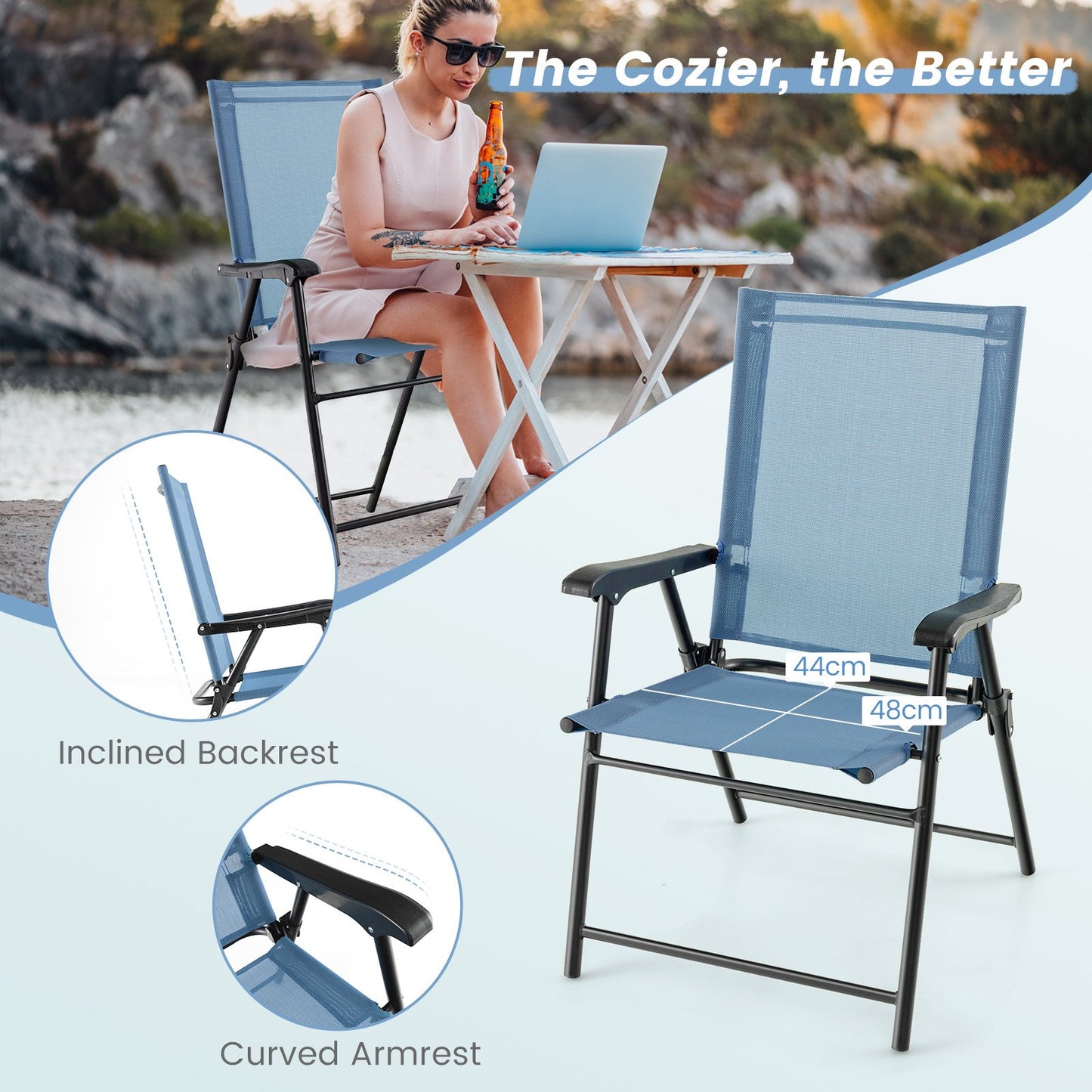 Set of 2 Folding Garden Chairs with Armrests for Yard Lawn Poolside-Blue