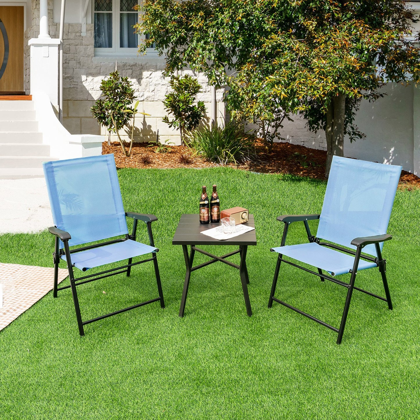 Set of 2 Folding Garden Chairs with Armrests for Yard Lawn Poolside-Blue