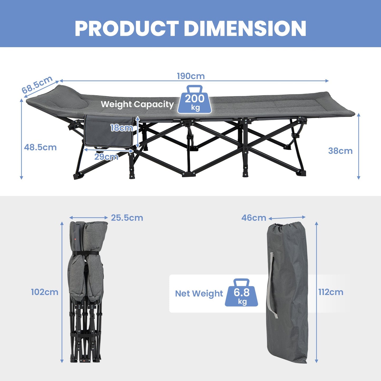 Sleeping Cot Bed with Carry Bag-Grey
