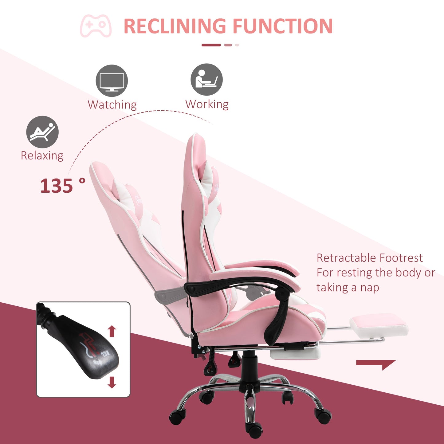 Vinsetto Ergonomic Gaming Chair, PU Leather Reclining Computer Chair with Footrest and Lumbar Support, Headrest and Adjustable Height for Adults, Pink