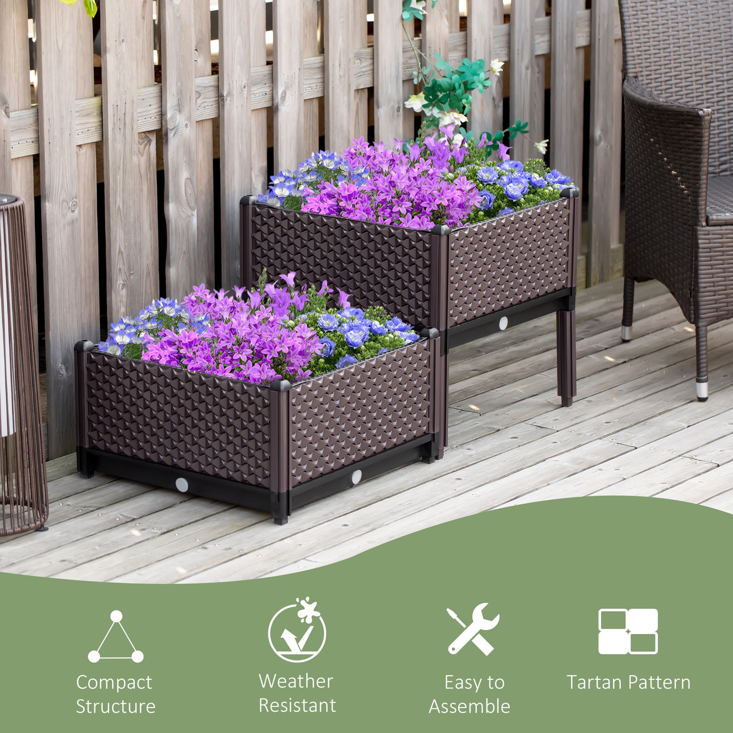 Outsunny 50cm x 50cm x 46,5cm Zestaw 2 41L Plastikowe podwyższone grządki ogrodowe, skrzynia na rośliny, pojemnik do sadzenia warzyw kwiatowych z konstrukcją samonawadniającą i otworami drenażowymi na taras, balkon
