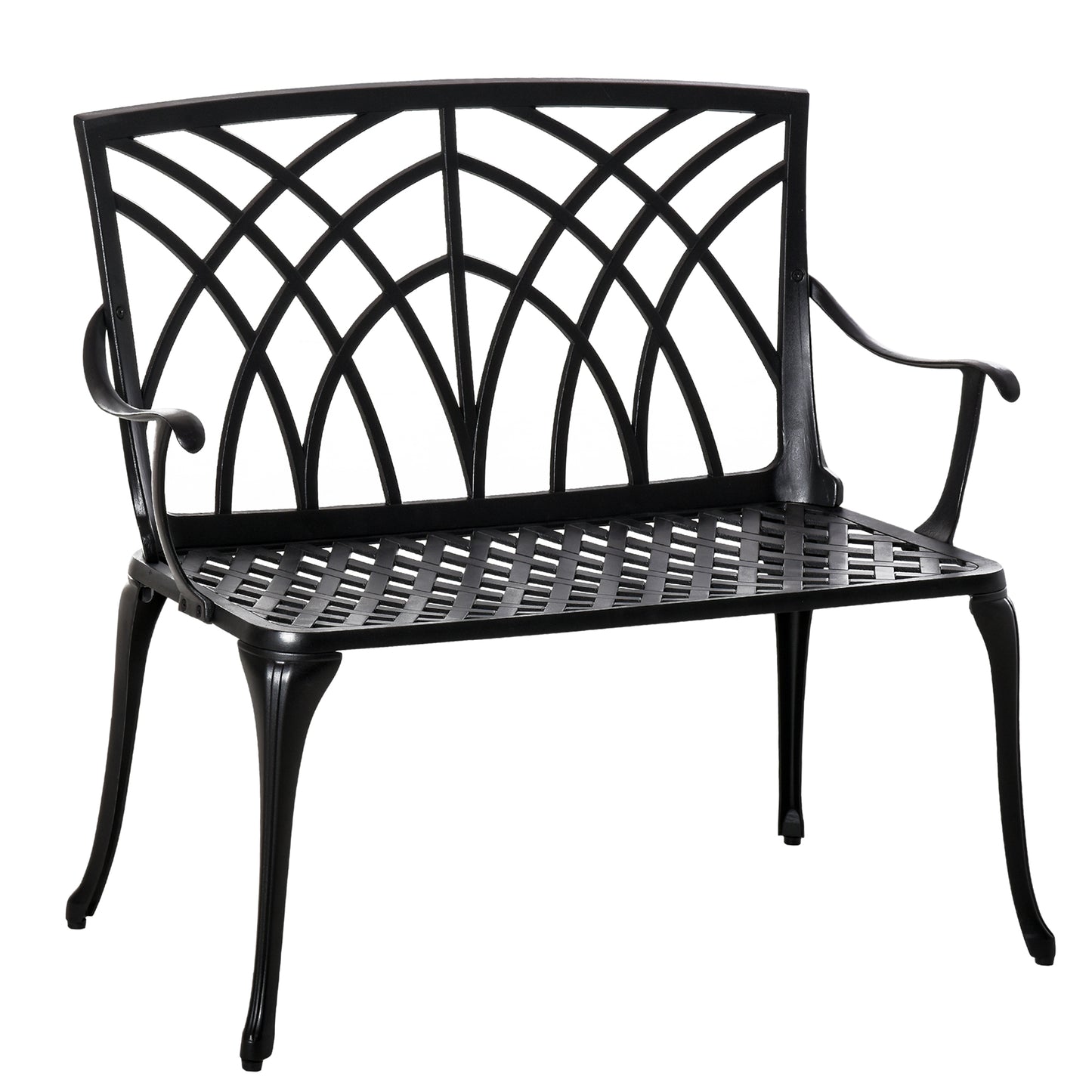 Outsunny 2-osobowa ławka ogrodowa z odlewu aluminiowego Loveseat Outdoor Furniture Chair z dekoracyjnym oparciem i ergonomicznym podłokietnikiem na patio, taras lub werandę