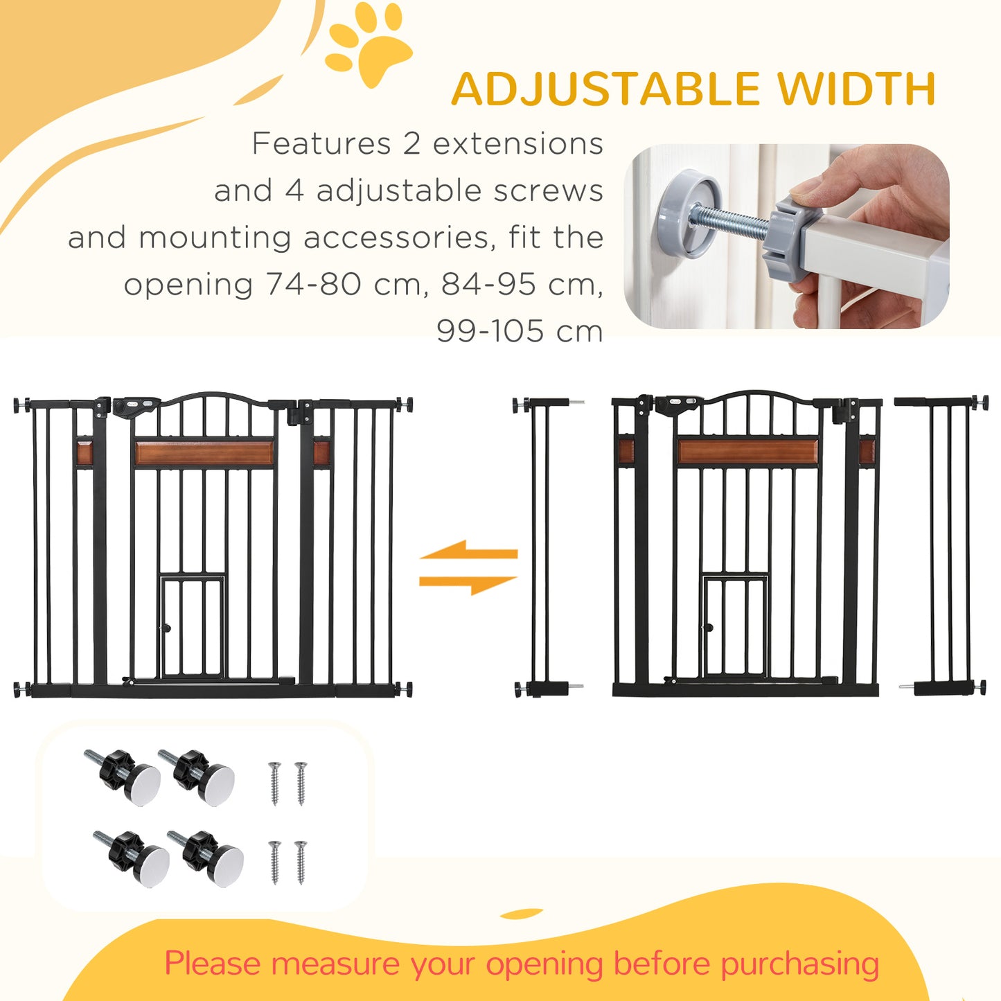 Bramka zabezpieczająca dla zwierząt PawHut Pet Gate z drzwiczkami dla kota, zamykana automatycznie, na schody, drzwi, korytarze, szerokość 74-105 cm - czarna