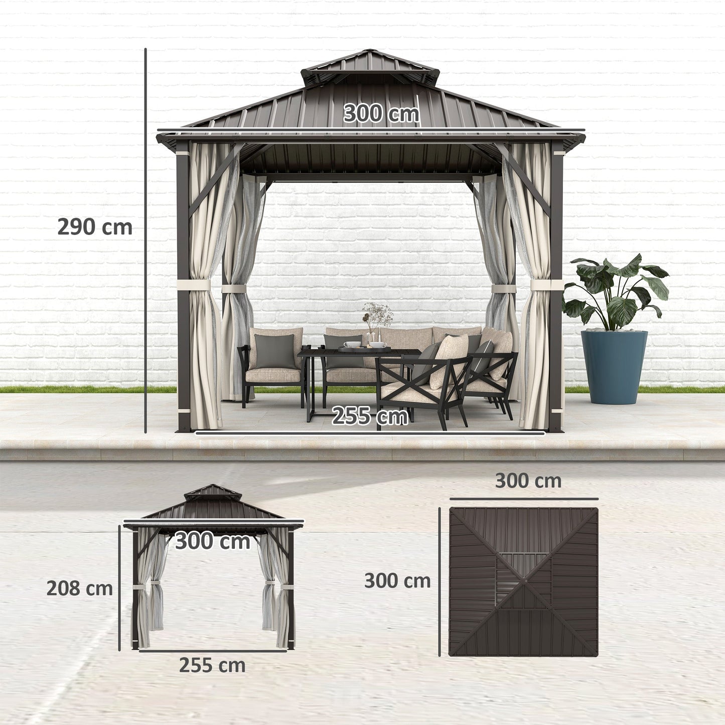Outsunny 3 x 3(m) Hardtop Gazebo Canopy z podwójnym metalowym dachem, wodoodporny, stały pawilon ogrodowy z siatką i zasłonami, łatwy w montażu