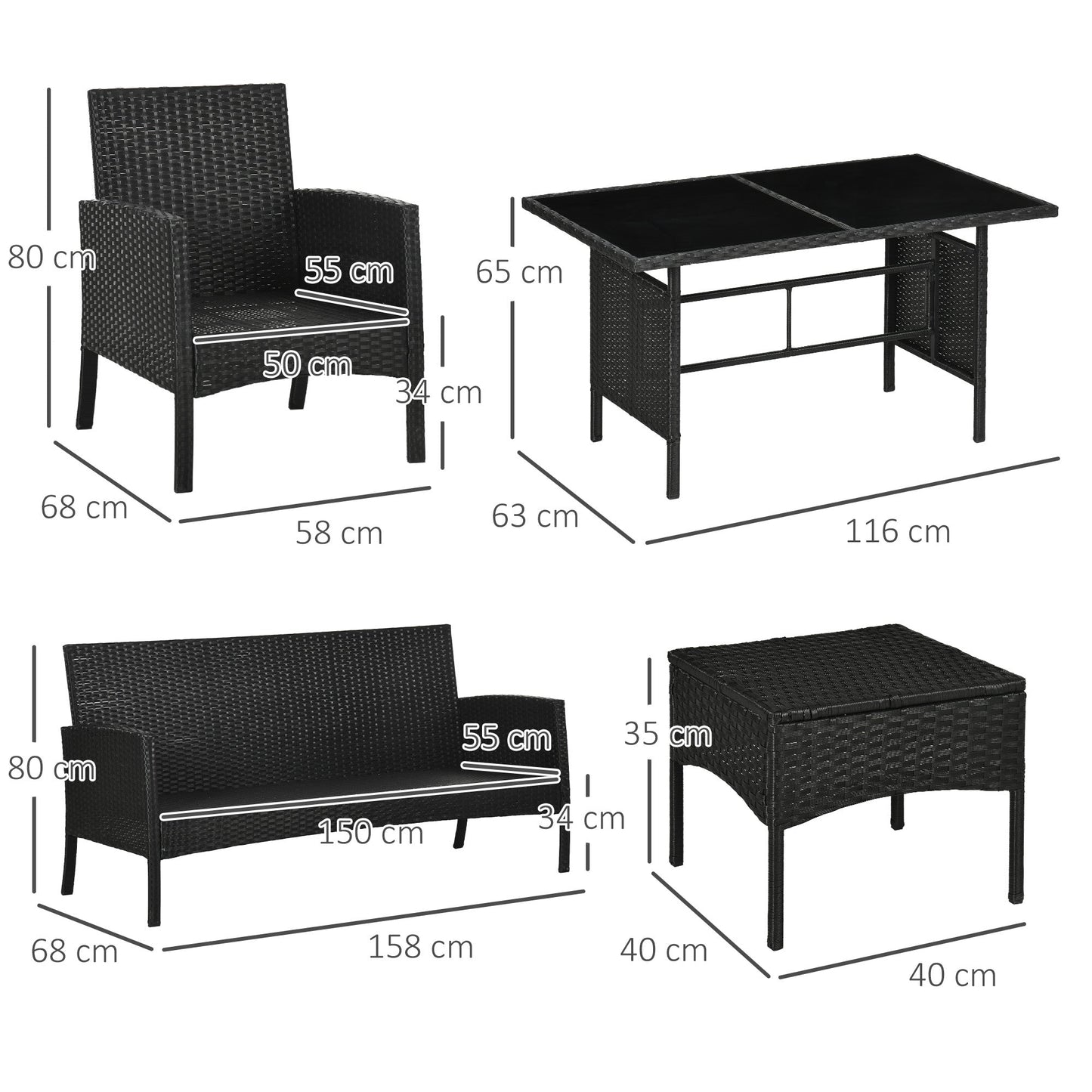 Zestaw mebli ogrodowych Outsunny 5 Seater Rattan, 2 fotele, 3-osobowa sofa wiklinowa, 2 podnóżki i szklany stolik, 6-częściowy zestaw mebli ogrodowych z rattanu z poduszkami do ogrodu zimowego, biały