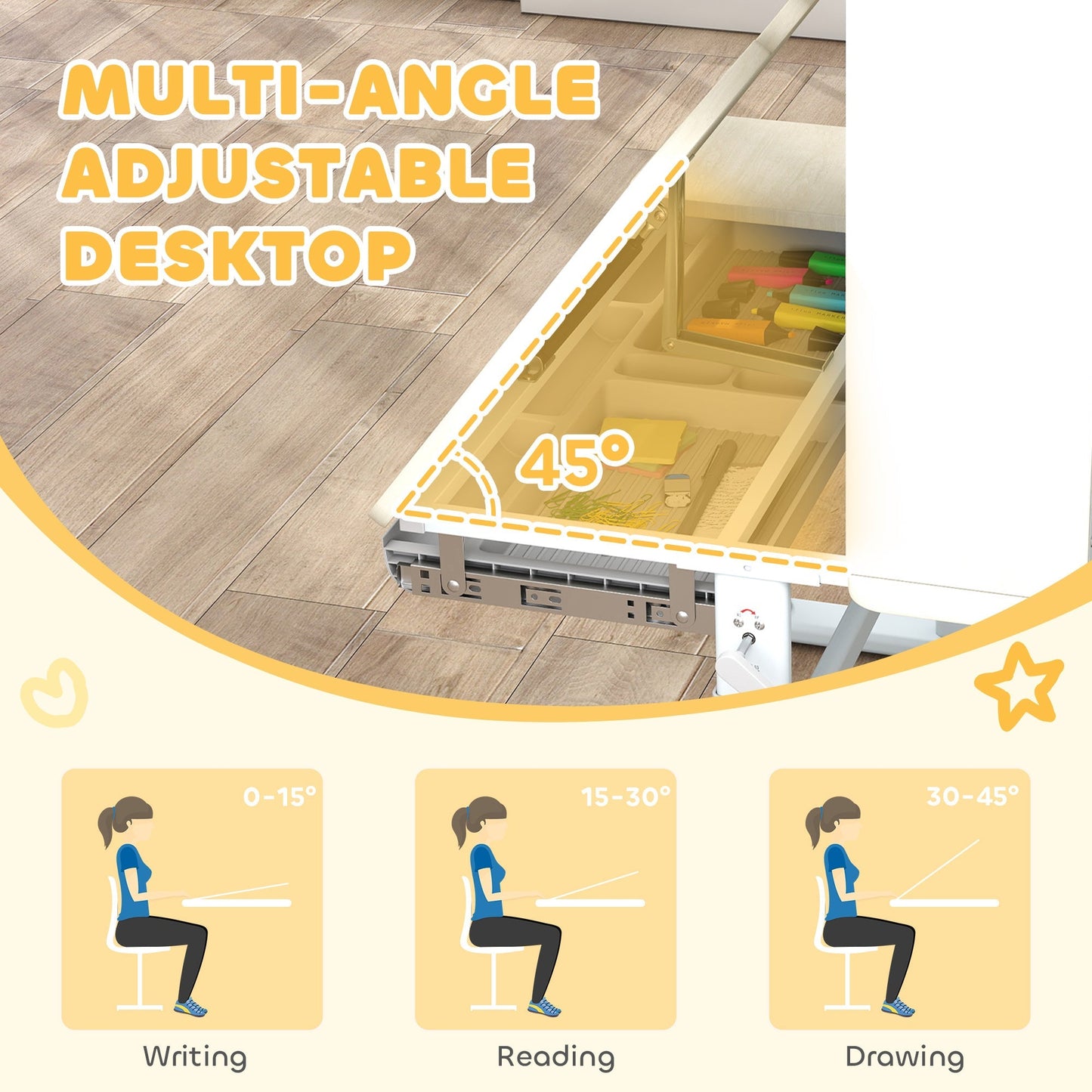 AIYAPLAY Kids Desk Height Adjustable with Tilt-Desktop, Hutch, Drawer, Storage Shelf, Pegboard, for 3-12 Years Old, Natural