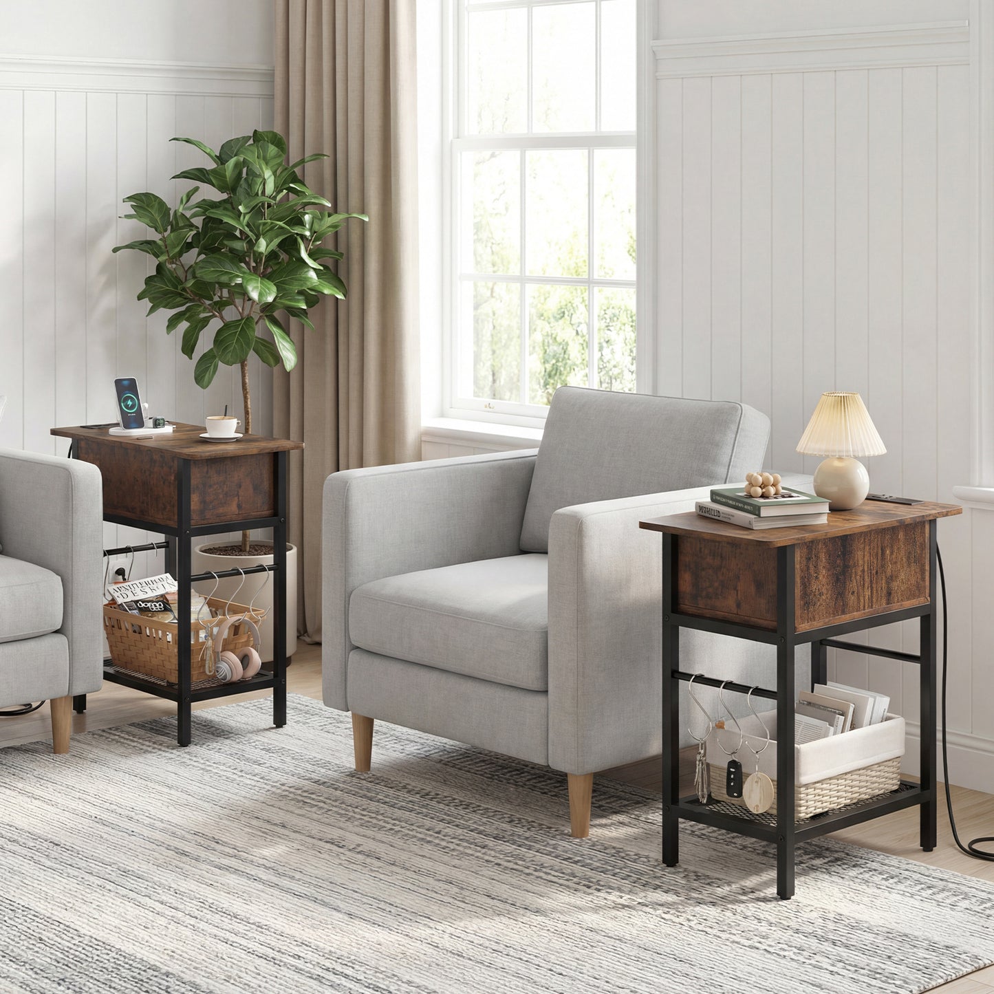 Narrow End Table Skinny Sofa Side Table for Small Space-Rustic Brown