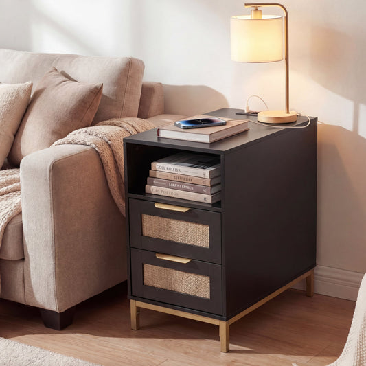 Narrow End Table with Charging Station and 2 Drawers for Bedroom-Black