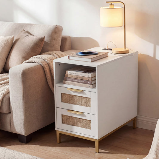 Narrow End Table with Charging Station and 2 Drawers for Bedroom-White