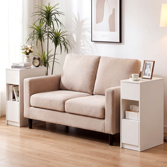 Narrow Nightstand Set of 2 with Drawer and 2 Storage Compartments for Small Spaces Living Room Bedroom-White