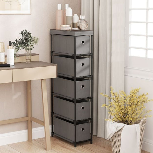 Narrow Dresser with 5 Drawers Slim Storage Tower with Metal Frame-Grey
