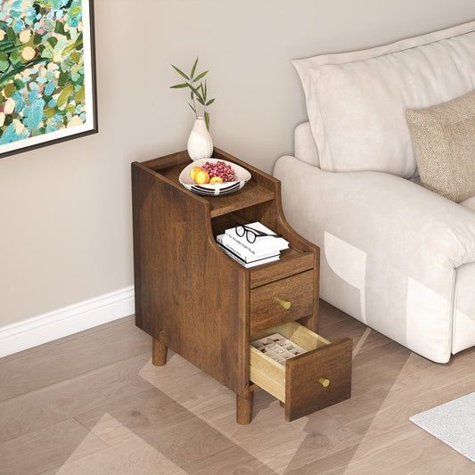 Narrow Nightstand Solid Wood End Table with Pull-out Tray 2 Storage Drawers-Brown