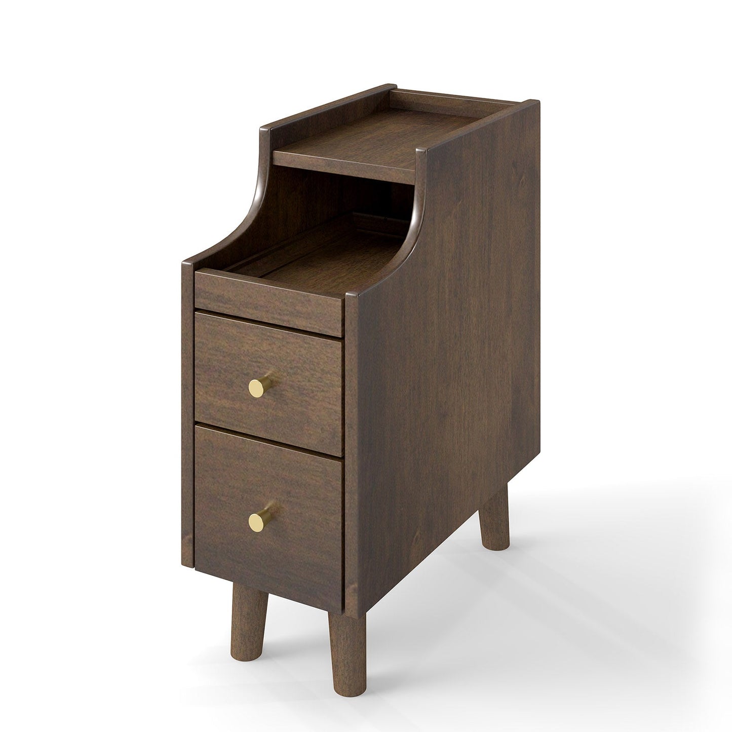 Narrow Nightstand Solid Wood End Table with Pull-out Tray 2 Storage Drawers-Brown