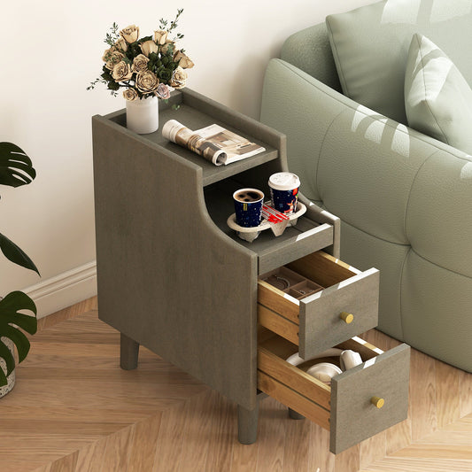 Narrow Nightstand Solid Wood End Table with Pull-out Tray 2 Storage Drawers-Grey