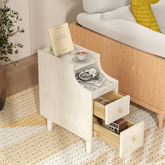 Narrow Nightstand Solid Wood End Table with Pull-out Tray 2 Storage Drawers-Off White