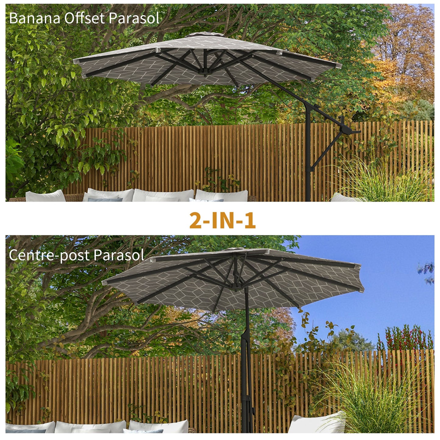 Outsunny 3(m) Convertible Cantilever Parasol and Centre-post Garden Parasol with Cross Base, 360¡ Rotation Banana Parasol with Crank Handle and 8 Ribs, Hanging Patio Umbrella, Black and White