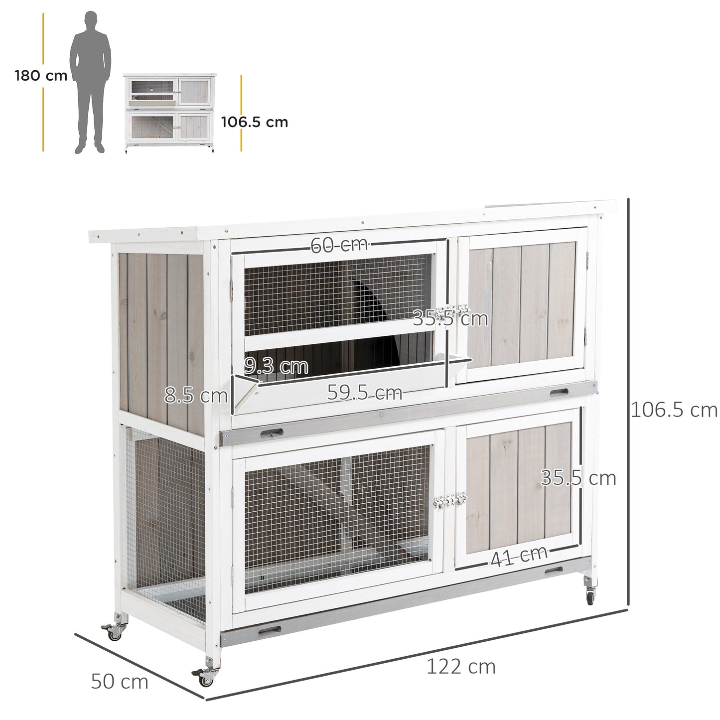 PawHut Rabbit Hutch Outdoor Guinea Pig Hutch Wooden Bunny House with Rain Cover Wheels for Indoor Outdoor, 122 x50 x100cm - Grey