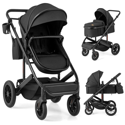 3-in-1 Newborn Stroller Folding Convertible High Landscape Toddler Stroller-Black