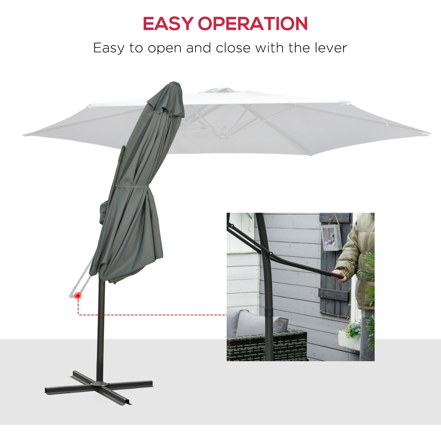 Parasol ogrodowy Outsunny 3 m z wysięgnikiem i łatwą dźwignią, z korbą, podstawą krzyżową i 6 metalowymi żebrami, markizy przeciwsłoneczne do ogrodu, kolor szary