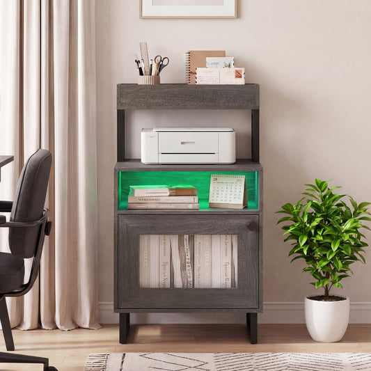 Nightstand with LED Lights Modern End Table with Top Tray-Grey