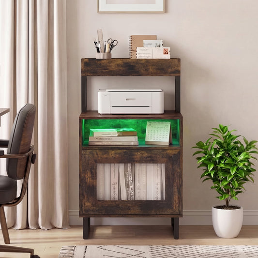 Nightstand with LED Lights Modern End Table with Top Tray-Rustic Brown