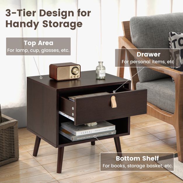 Mid-Century End Table with Open Storage Shelf for Living Room Bedroom Small Spaces-Brown