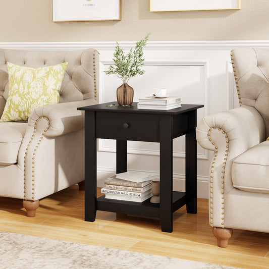 Nightstand with Drawer 3-Tier Modern Bedside Table with Open Shelf-Black