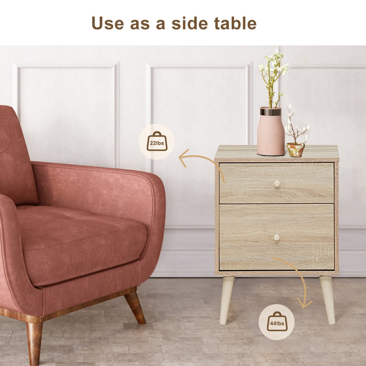 2-Drawer Nightstand with Solid Rubber Wood Legs and Large Storage Space-Natural