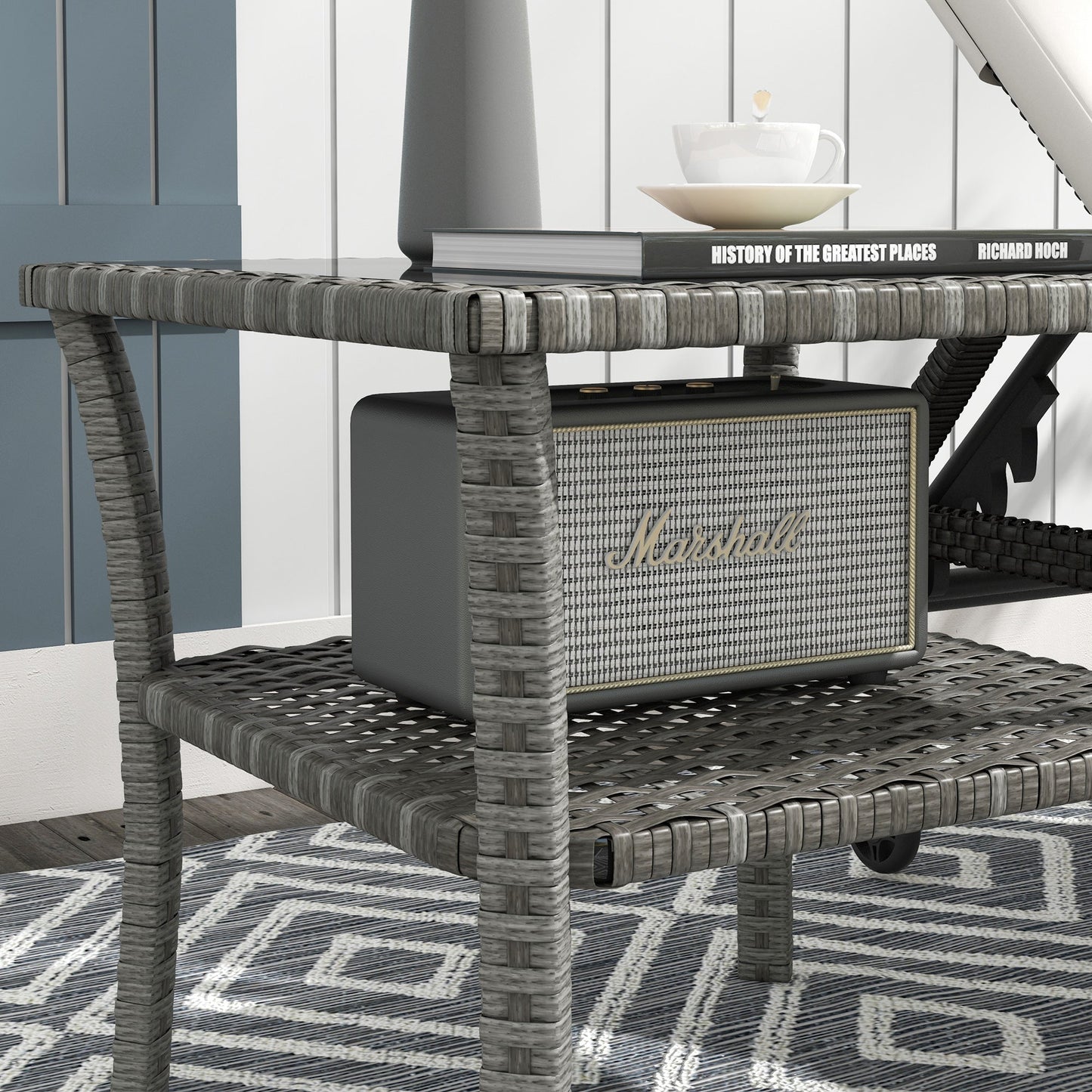 Outsunny Two-tier PE Rattan Square Coffee Table - Grey