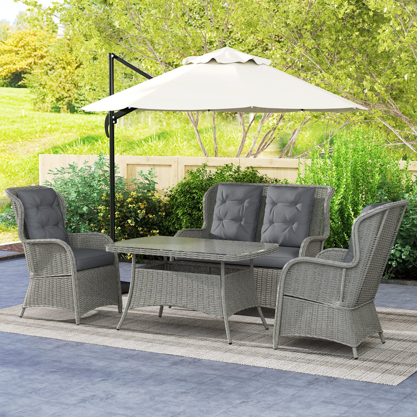 Outsunny Garden PE Rattan Dining Sofa Set, Outdoor 4 Seater Wicker Furniture, High Back Chairs with Cushions, Hartowane szkło stolik kawowy na patio, jasnoszary