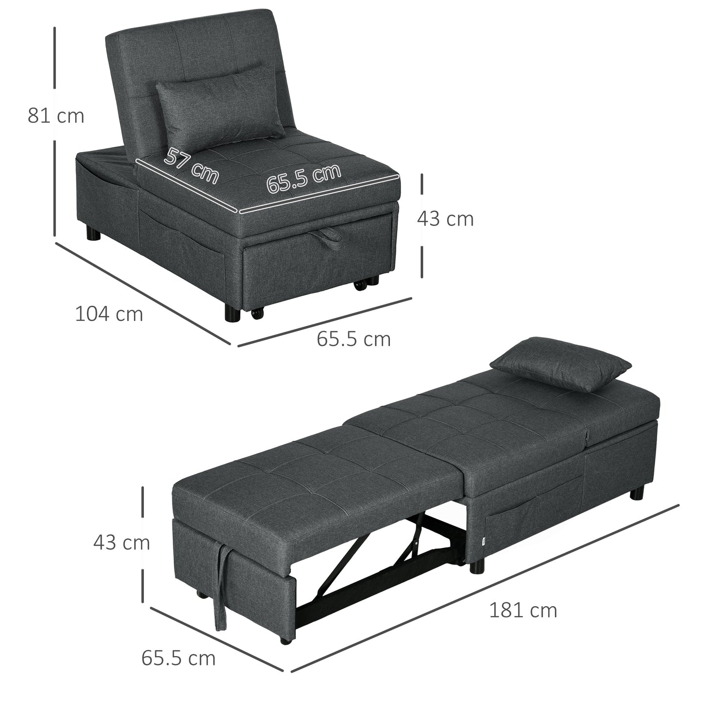 HOMCOM Fotel rozkładany z siedziskiem z wypełnieniem, 4-w-1 wielofunkcyjna sofa rozkładana z funkcją spania, fotel z regulowanym oparciem, boczna kieszeń, kółka i poduszka, do salonu, szary