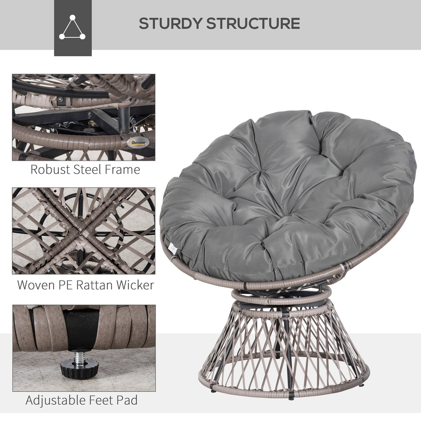 Outsunny 360¡ Swivel Rattan Papasan Moon Bowl Chair Round Lounge Garden Wicker Basket Seat with Padded Cushion Oversized for Outdoor Indoor, Grey