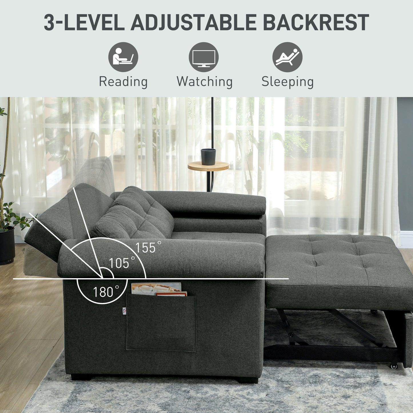 HOMCOM Pull Out Sofa Bed, Fabric 2 Seater Click Clack Sofa Bed Settee with 2 Pocket Springs, Convertible Sofa Couch with Pillows and Side Pockets for Living Room, Home Office, Charcoal Grey