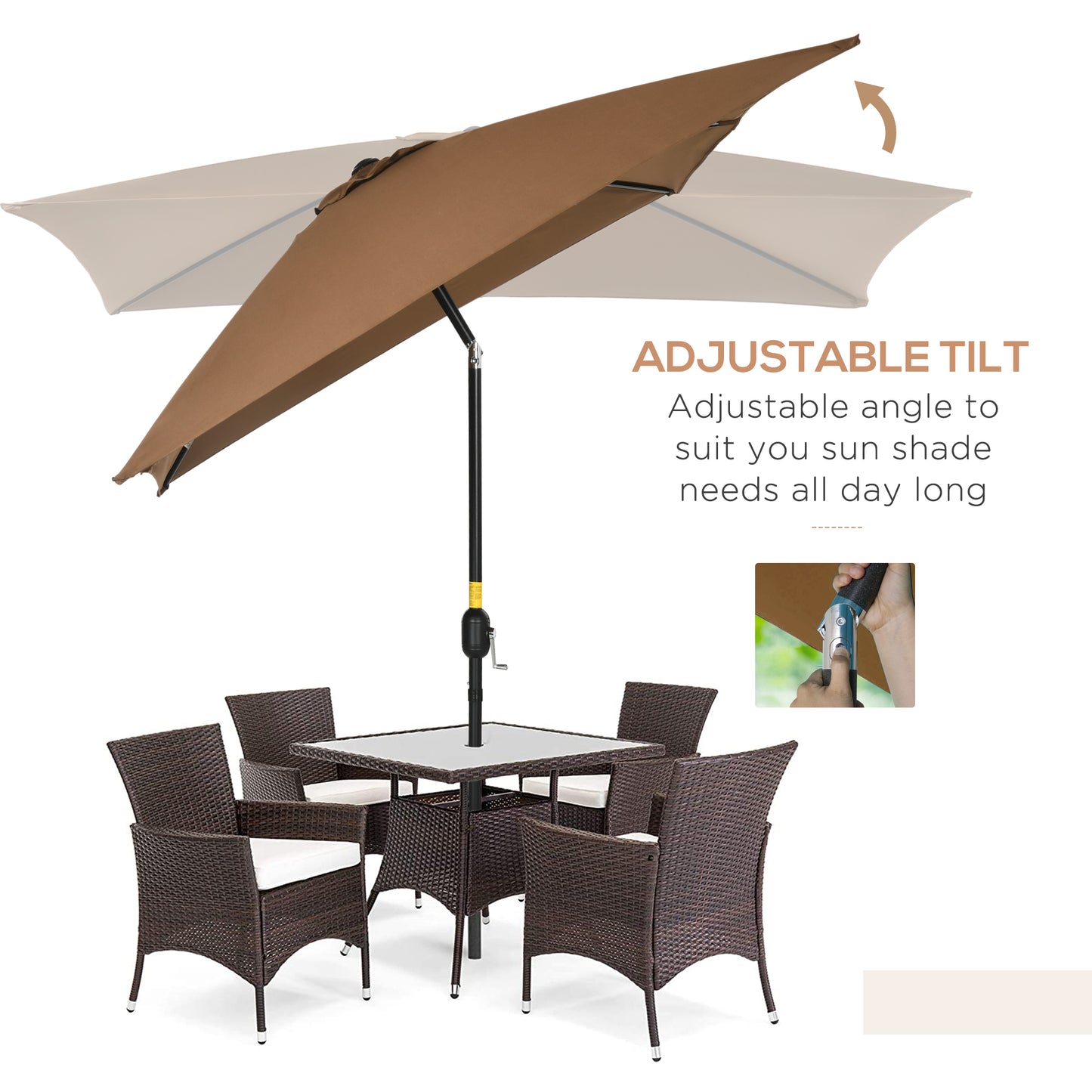 Outsunny 3x2m Parasol ogrodowy, zewnętrzny, z baldachimem przeciwsłonecznym i korbą, aluminiowa rama, prostokątna, brązowa