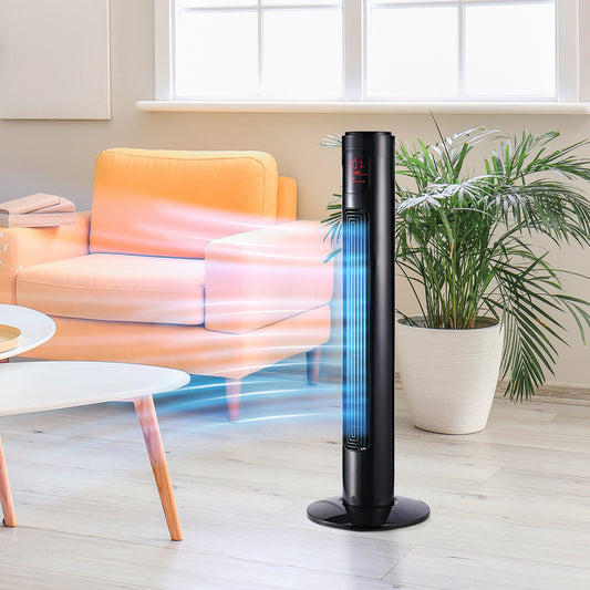 مروحة برجية مستقلة من هومكوم مقاس 38 بوصة، 3 سرعات و3 أوضاع، مؤقت 12 ساعة، تذبذب 70 درجة، لوحة LED، جهاز تحكم عن بعد 5 أمتار، أسود