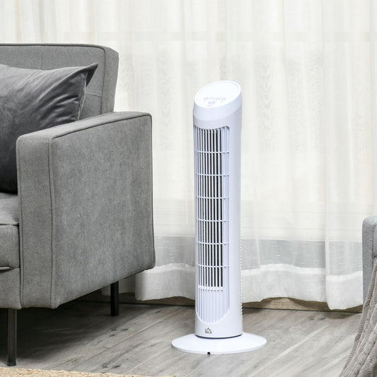 HOMCOM Tower Fan for Bedroom Cooling, 30 Inch Electric 70° Oscillating Fan with 3 Speed Settings, Standing Floor Fan for Home Office Indoor, White