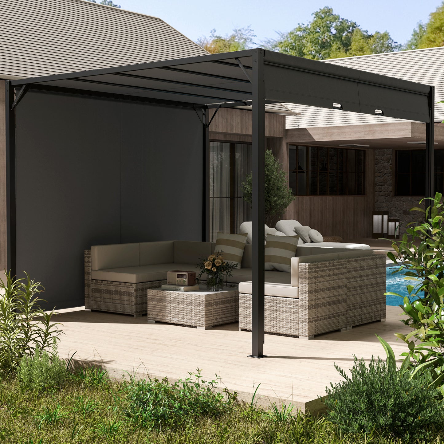 Outsunny 3 X 3 metry pergola z rozsuwanym dachem, altana ogrodowa z regulowanym daszkiem przeciwsłonecznym i stalową ramą, antracyt
