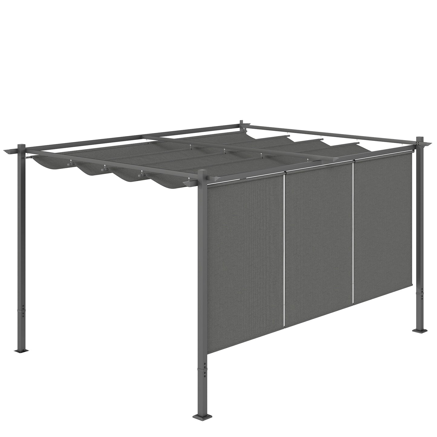 Outsunny 3 x 4m Metalowa pergola z chowanym dachem i roletą, montowana na ścianie lub wolnostojąca ogrodowa altana z baldachimem, UPF30+ zewnętrzna osłona przeciwsłoneczna, szara