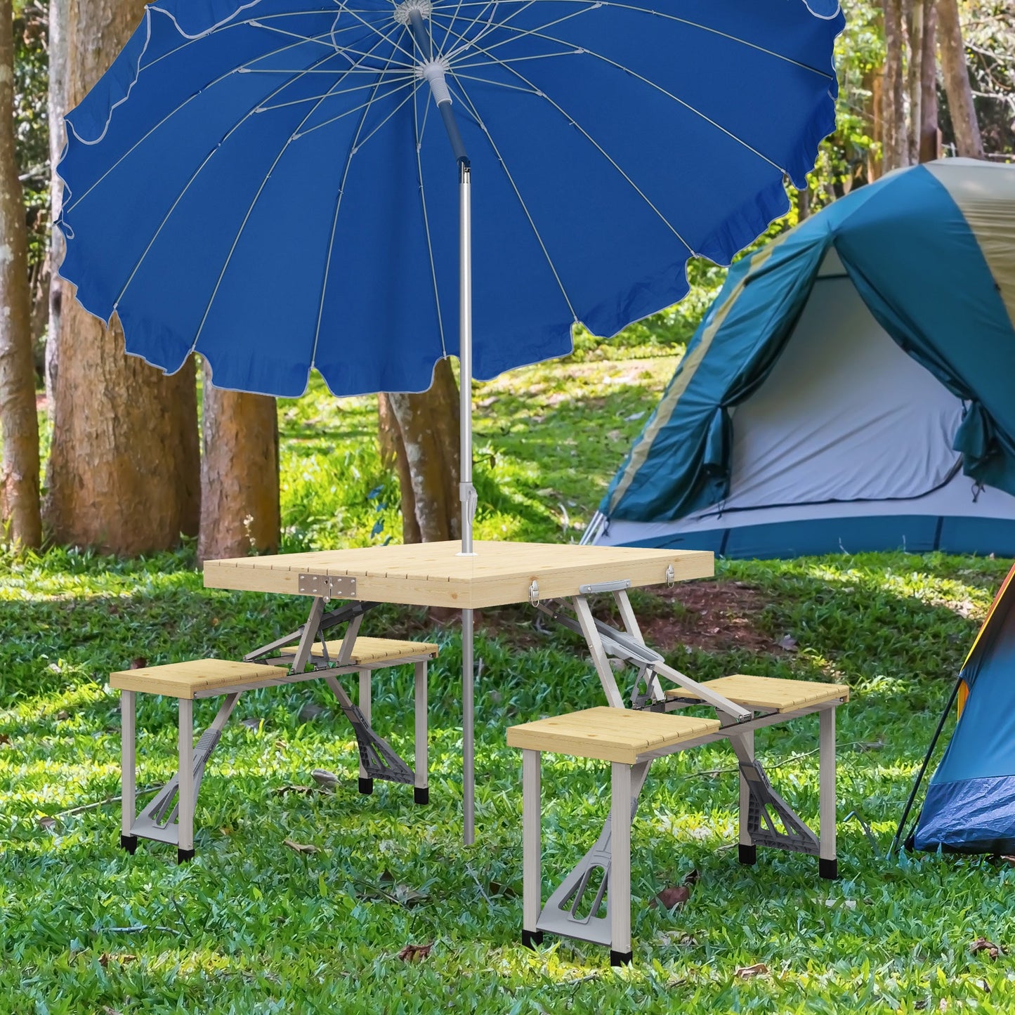Outsunny aluminiowy składany stół piknikowy, przenośny stół kempingowy i zestaw krzeseł z otworem na parasol