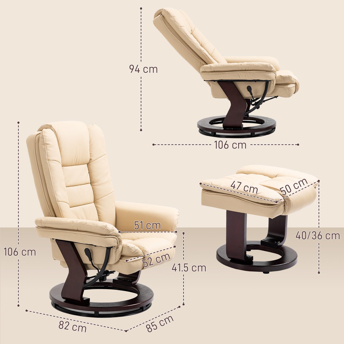 HOMCOM Faux Leather 135° Reclining Chair and Footstool - Beige